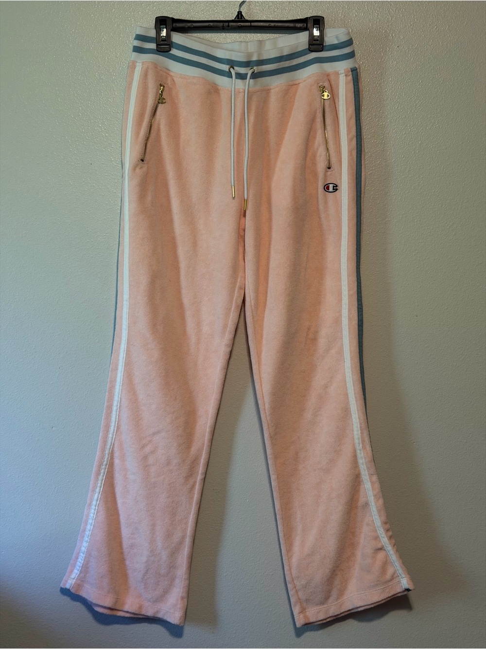 Y2K Champion Pink Velour Track Pants with Gray and White Trim